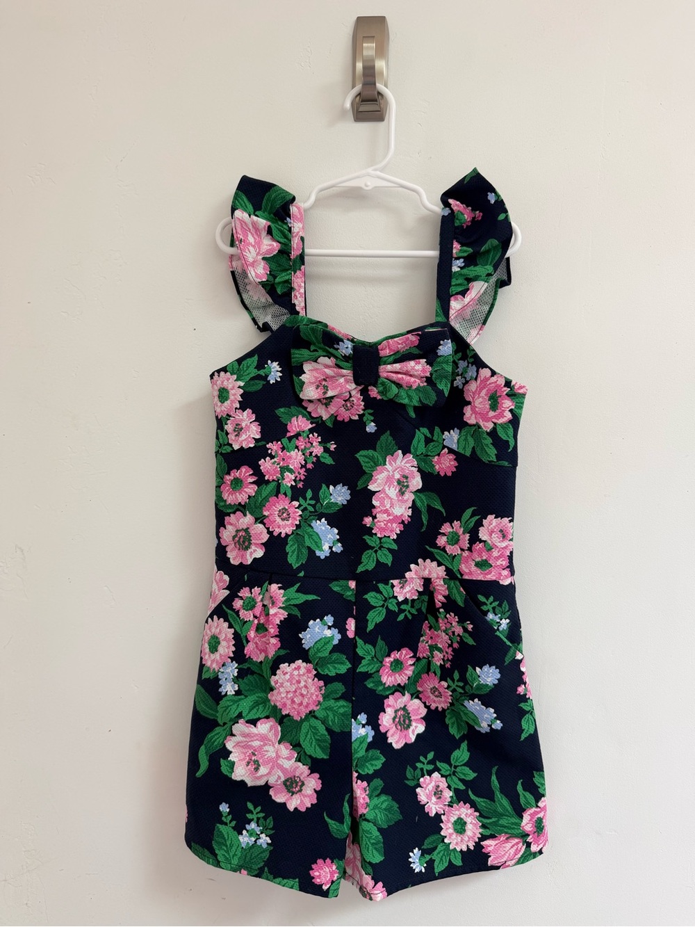 Janie and Jack Navy Floral Ruffle Romper with Pink Blooms